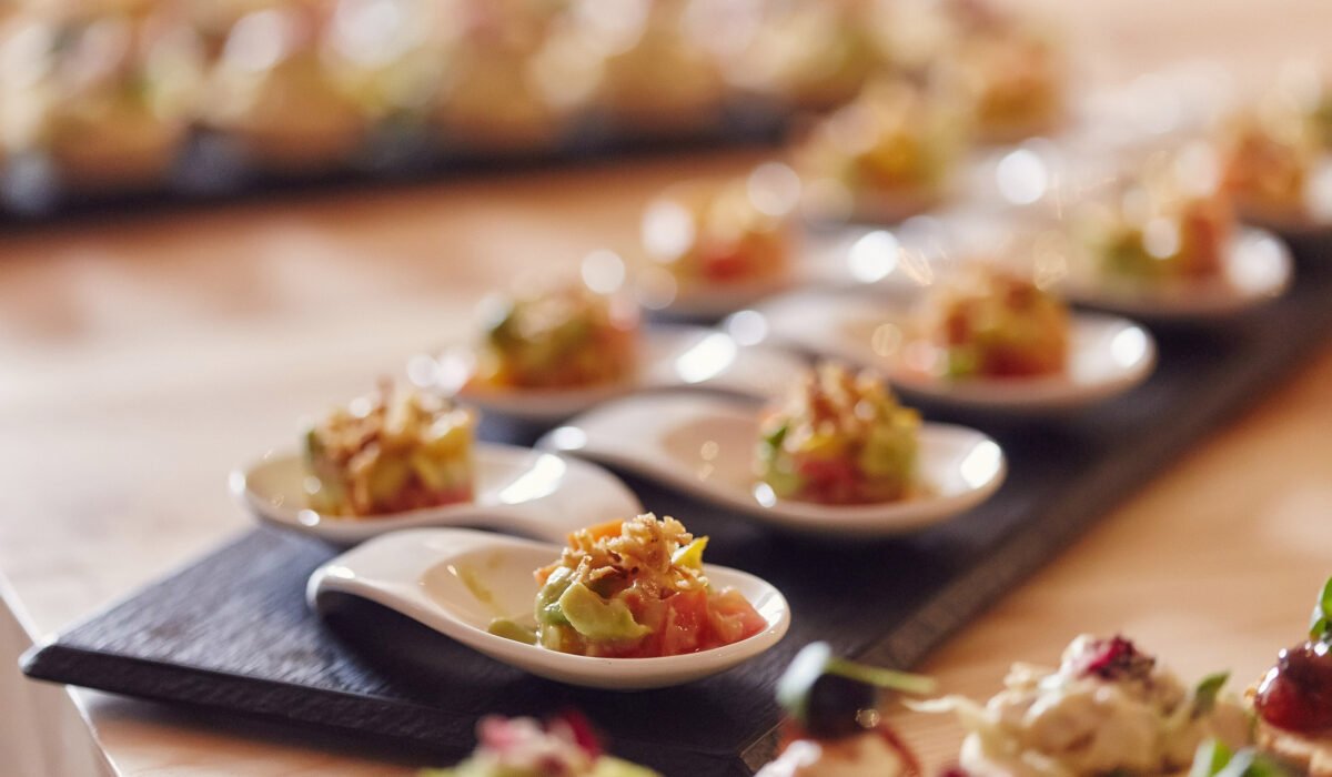 Close-up image of a festive table with different dishes. Festive event, party or wedding reception.