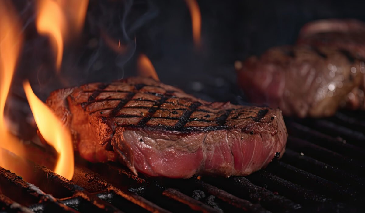 Grilled beef steaks with spices and herbs on bbq outdoor.